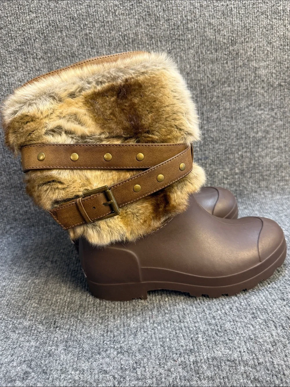 Dirty Laundry Brown Faux Fur Cuffed Rain Boots with Buckle Size 7 NEW!